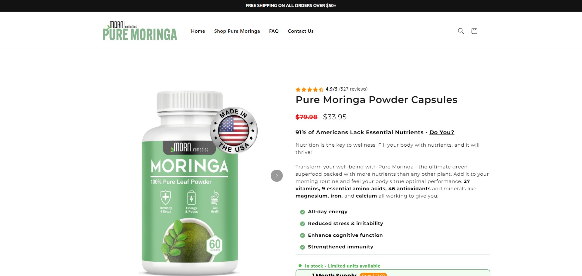 Cápsulas de polvo de moringa pura Producto